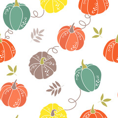 Seamless pattern with pumpkins, leaves. Colorful illustration, vector of vegetarian food. Autumn background with vegetables. Decorative wallpaper suitable for printing, textiles.