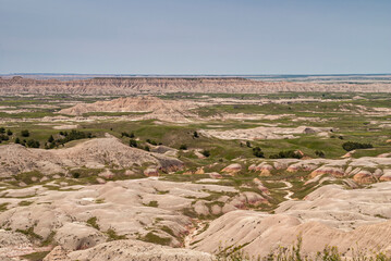 Badlands National Park, SD, USA - June 1, 2008: Overview landscape with plenty of large and small...