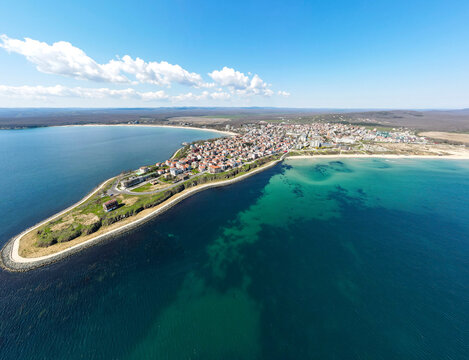Amazing Aerial panorama of town of Primorsko, Bulgaria