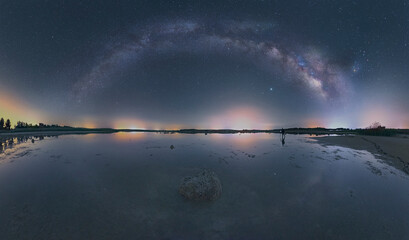 Milky way arc reflected in the lake on the night landscape