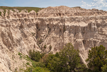 Badlands National Park, SD, USA - June 1, 2008: Looking into canyon with its beige geological deposit flanks. Green trees down and light blue sky above.