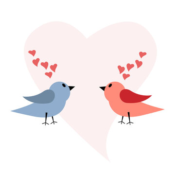 Illustration of a postcard for the holiday of lovers. Two birds and hearts