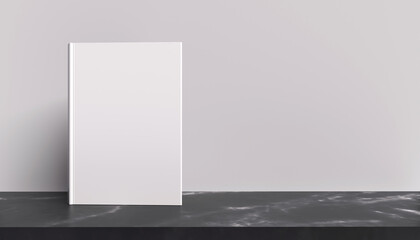 Blank book cover mock up on marble table background. 3d rendering