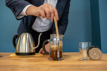 French press filter with coffee, special flavour, details and preparation
