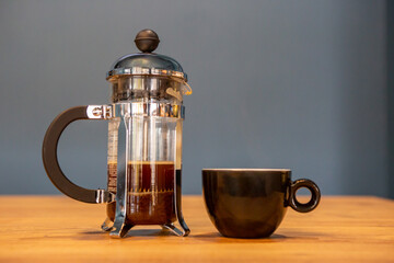 French press filter with coffee, special flavour, details and preparation