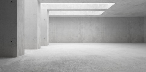 Abstract empty, modern concrete room with open ceiling, pillars on the side wall and rough floor - industrial interior background template - obrazy, fototapety, plakaty