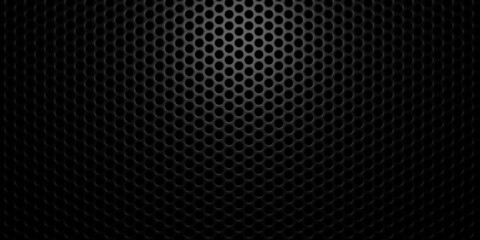 Black round hexagon honeycomb grid grill background with light from above