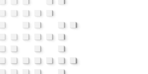 Random shifted small white cubes, blocks or boxes background wallpaper banner with copy space