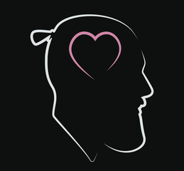 Silhouette of a male head. Icon. Stylish guy. Flat illustration of face. Head icon with a heart inside. Silhouette of a guy. Man avatar. Linear avatar. Love in the head