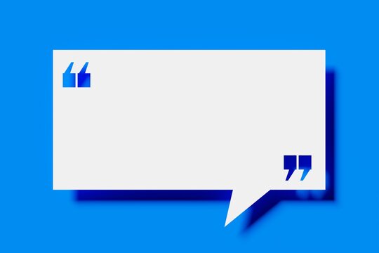 Empty, blank, white modern quotation mark speech bubble on blue background, quote, speech or message template frame