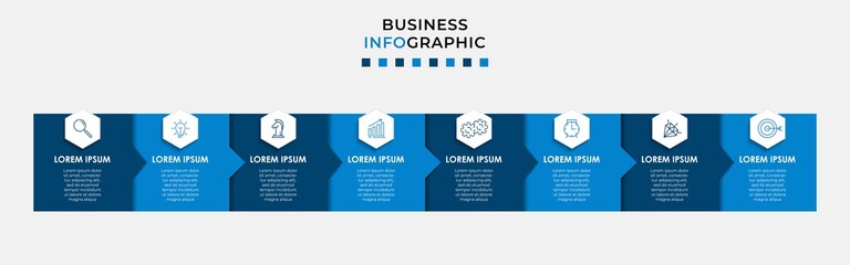 Vector Infographic design illustration business template with icons and 8 options or steps. Can be used for process diagram, presentations, workflow layout, banner, flow chart, info graph