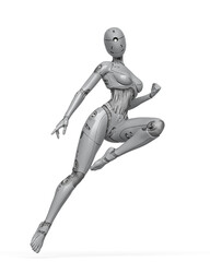 gynoid is the super fembot is doing a comic action pose in white background