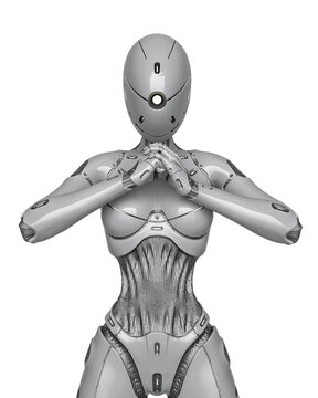 gynoid is the super fembot is ready fpr action in white background