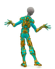 alien grey warrior is with arms wide open rear view