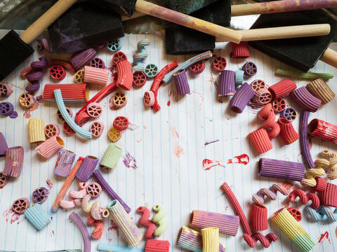 Kids Arts and Crafts with Paint and Pasta and Copy Space
