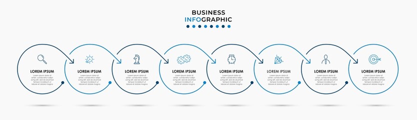Vector Infographic design illustration business template with icons and 8 options or steps. Can be used for process diagram, presentations, workflow layout, banner, flow chart, info graph