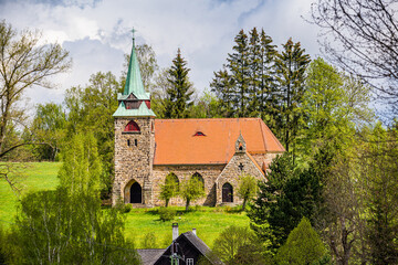 Obraz premium Romantic neo gotic Church Of The Divine Heart Of The Lord in small village Borovnicka in Podkrkonosi region in Spring
