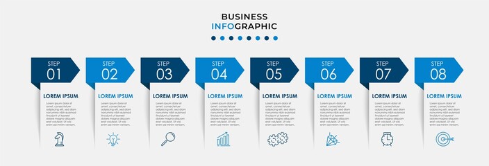 Vector Infographic design illustration business template with icons and 8 options or steps. Can be used for process diagram, presentations, workflow layout, banner, flow chart, info graph