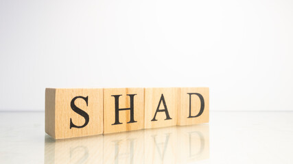 The name Shad was created from wooden letter cubes. Seafood and food.