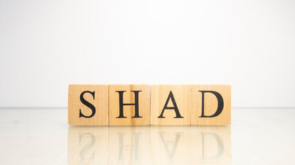 The name Shad was created from wooden letter cubes. Seafood and food.