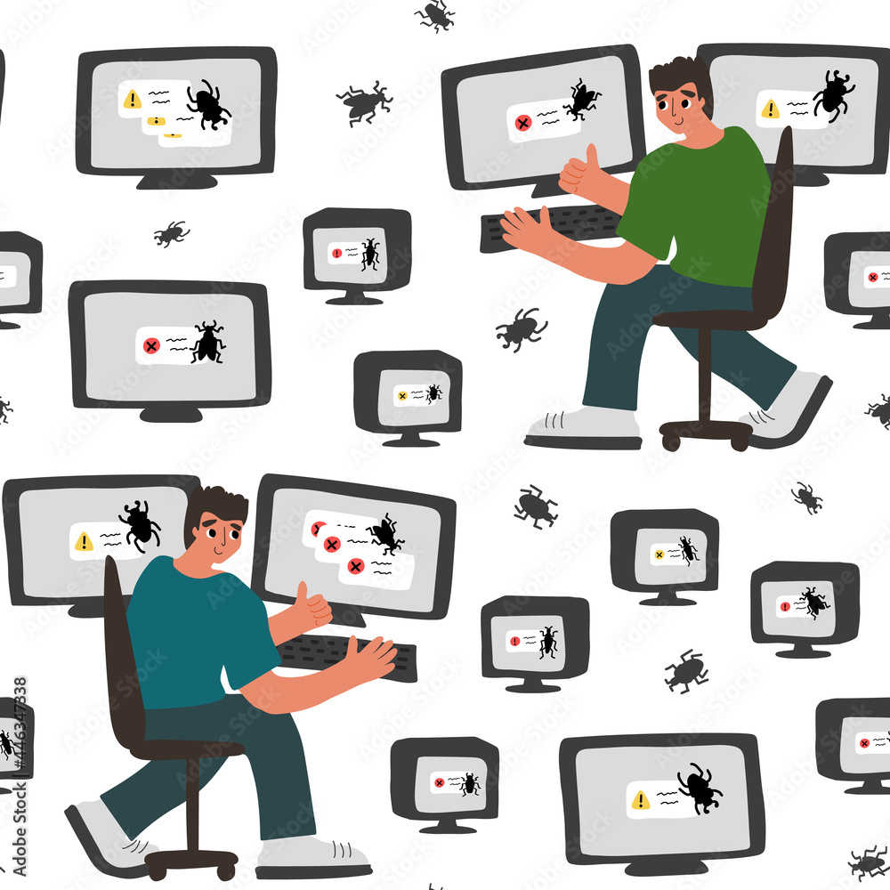 Wall mural seamless pattern of two people near monitors with bug on the screen. vector illustration contains qu