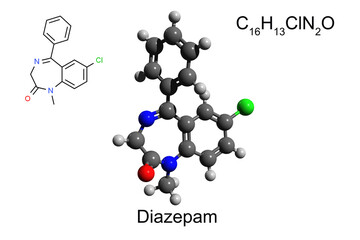 Chemical formula, skeletal formula, and 3D ball-and-stick model of barbiturate medication diazepam, white background