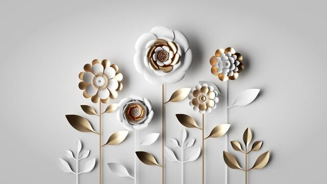 Assorted paper flowers and golden leaves growing, appearing on white background. Festive animated botanical arrangement