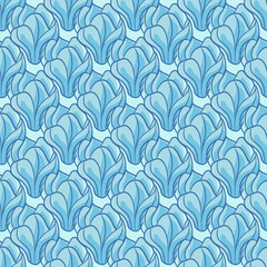 Abstract floral seamless pattern with contoured blue colors magnolia flowers silhouettes. Decorative print.