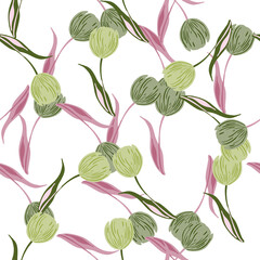 Abstract geometric style seamless isolated pattern with green and purple colored tulip buds shapes.