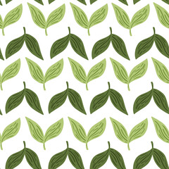 Simple style seamless pattern with minimalistic green leaves ornament. White background. Isolated print.