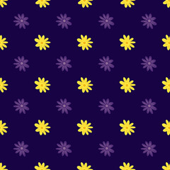Summer botany seamless pattern with doodle yellow flowers daisy print. Dark purple background.