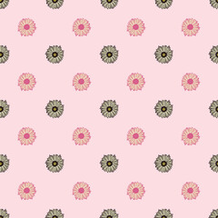 Seamless pattern sunflowers pink background. Minimalistic texture with different sunflower and leaves.