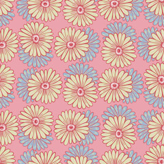 Fototapeta na wymiar Hand drawn seamless pattern with contoured sunflowers shapes. Pastel pink background. Cute floral print.