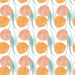 Decorative floral seamless pattern with orange hand drawn tulip flowers shapes. White background. Isolated print.