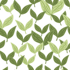 Pastel green leaf minimalistic ornament seamless pattern. White background. Isolated backdrop. Foliage print.