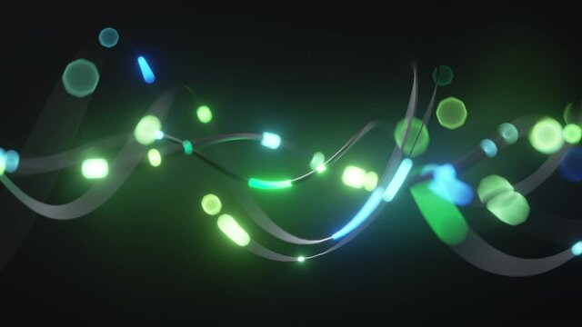 3d cycled animation, abstract technology background with moving green bokeh lights. Information impulse going through wires and cables. Internet connection. Big data transfer