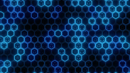 Abstract futuristic hexagon glowing neon surface, structure. HUD.