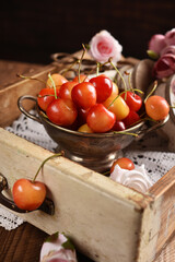 still life of fresh sweet cherries in rustic style