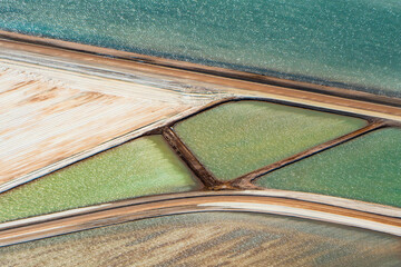 Aerial photography, Useless Loop, Shark Bay, Western Australia, June 2021, abstract images of salt ponds from above in varying colors of blue, green, and brown hues.
