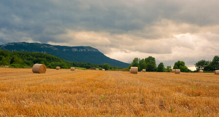 Straw bales at sunset