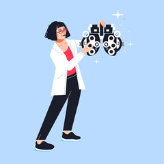 optometrist adjusting a phoropter for eye test 
