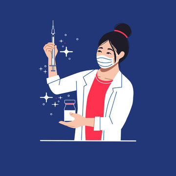 physician with face mask holding a vaccine syringe and vaccine bottle. doctor with injection . nurse with shot. scientist doing antibody and immunity research 