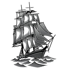 Ship sailing forward on the waves. Line art