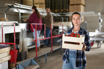 Hardworking confident woman farmer working in a fruit nursery is standing in a warehouse, holding a crate of ripe, ..recently harvested strawberries in her hands