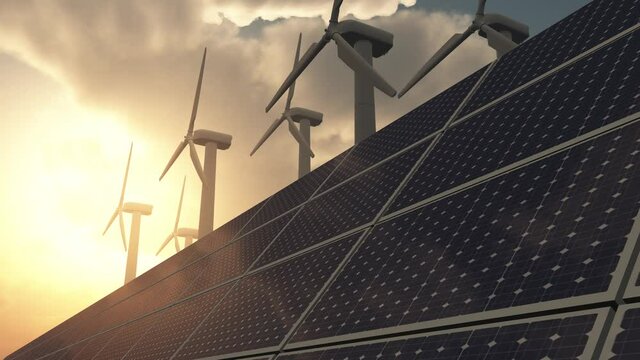 solar cell plant and wind generators connected to smart grid.Energy supply;energy transmission;eolic turbine;distribution of energy;Powerplant;high voltage supply.timelapse sunset cloud.