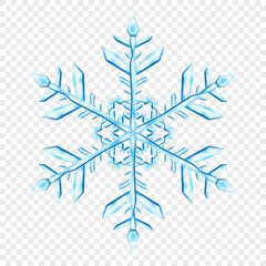 Big complex translucent Christmas snowflake in light blue colors, isolated on transparent background. Transparency only in vector format