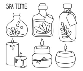 Cosmetic jar and candle doodle cartoon set. Line skincare, spa aromatherapy, oil lotion, beauty soap. Skin care treatment, me time concept. Natural eco organic contour cosmetic. Female health vector