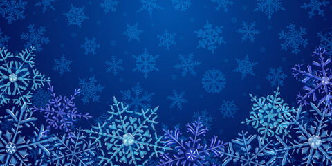 Fototapeta na wymiar Illustration of big complex translucent Christmas snowflakes in blue colors, located below, on background with falling snow. Transparency only in vector format