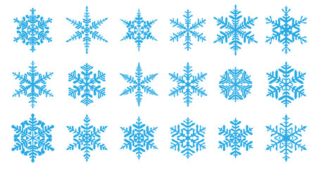 Set of beautiful complex Christmas snowflakes, light blue on white background