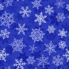 Christmas seamless pattern with complex big and small snowflakes, white on blue background